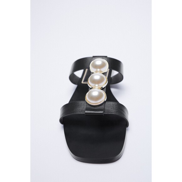Black Zara Pearl Embellished Leather Flat Slip-On Slides Sandals (NWT) - Picture 4 of 5